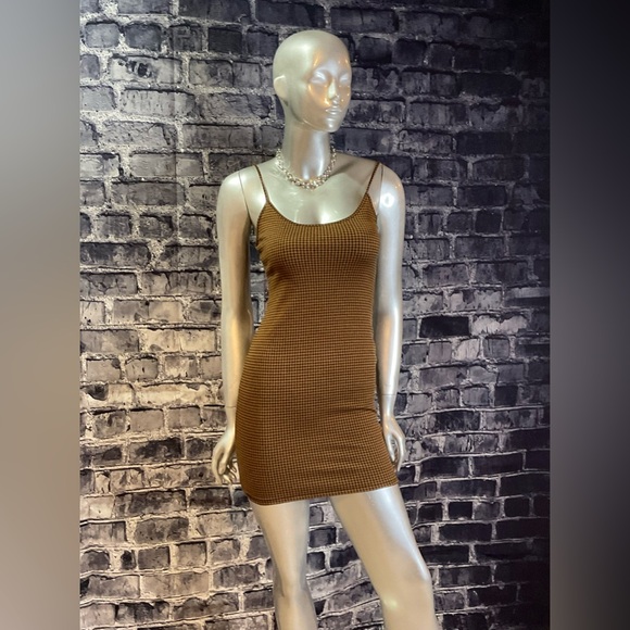 Tan Brown Check Mini Bodycon Summer Dress - Picture 8 of 9